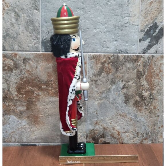 Wooden Nutcracker Red Velvet Cape 24 Inch Tall Green Base - Picture 8 of 12